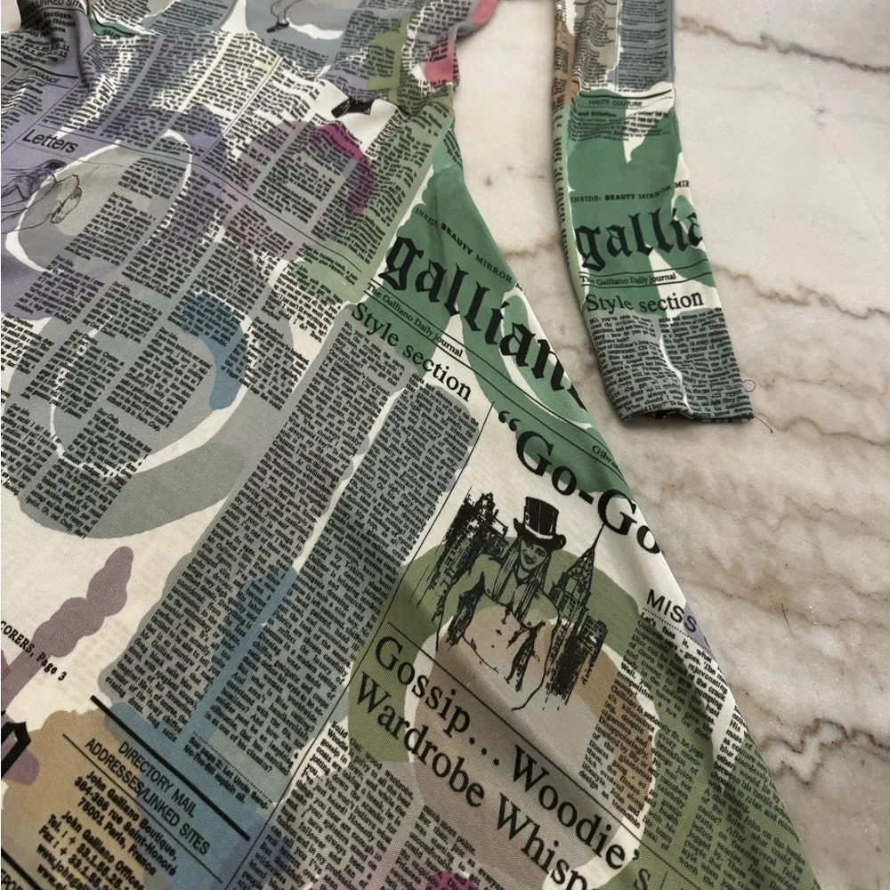 Galliano Vintage Pastel Newspaper Print Long Sleeve Dress - Picture 7 of 16